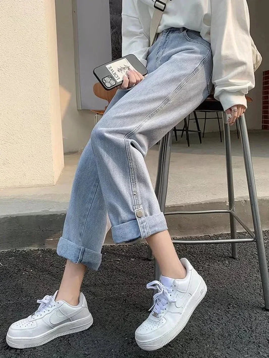 Straight Women’s Spring New Scheming Design Niche High Waist Thin Retro Wide Leg Jean Light Grey / S