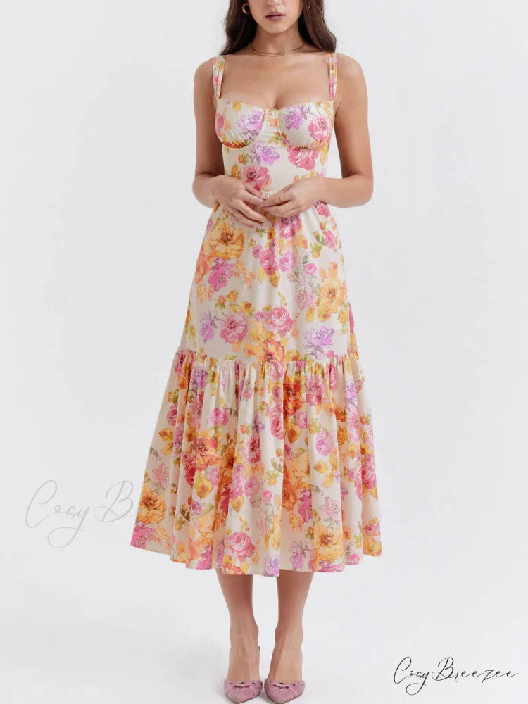 Strap A-Hem Stylish Floral Midi Dress