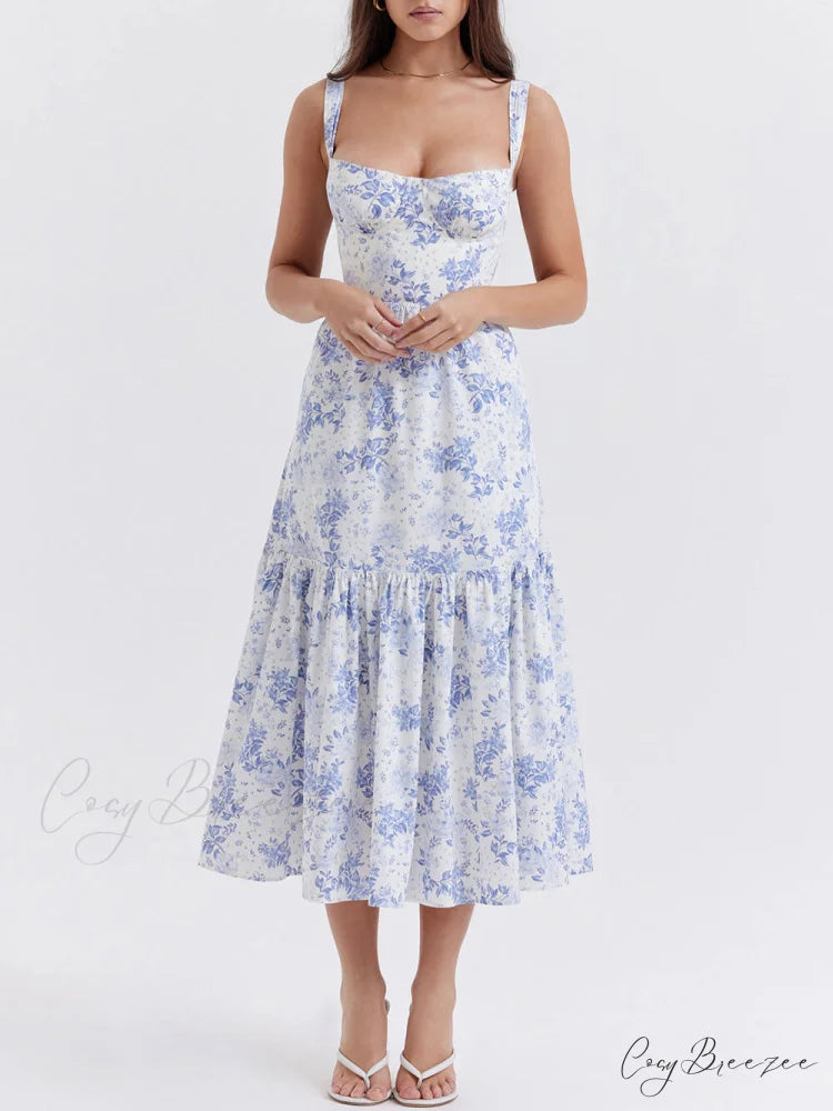 Strap A-Hem Stylish Floral Midi Dress