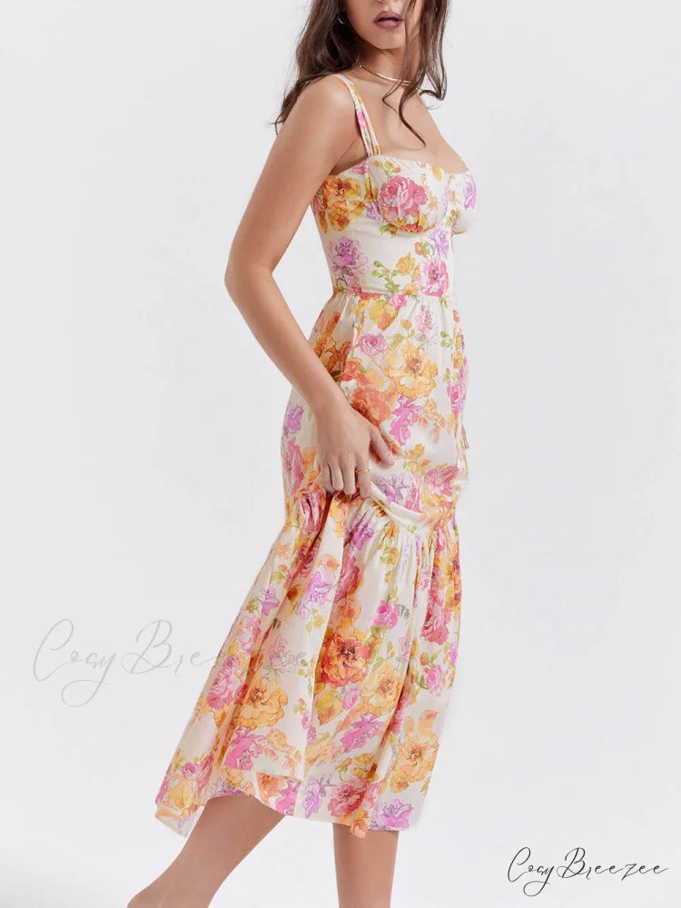 Strap A-Hem Stylish Floral Midi Dress