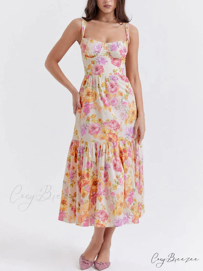 Strap A-Hem Stylish Floral Midi Dress