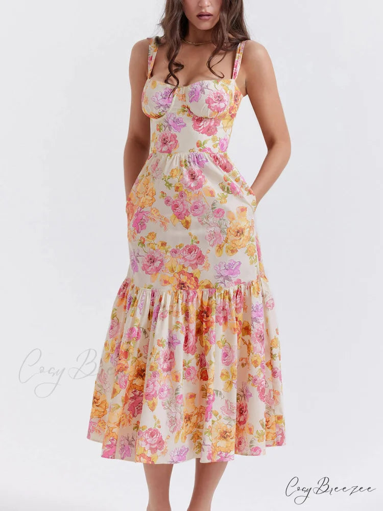 Strap A-Hem Stylish Floral Midi Dress