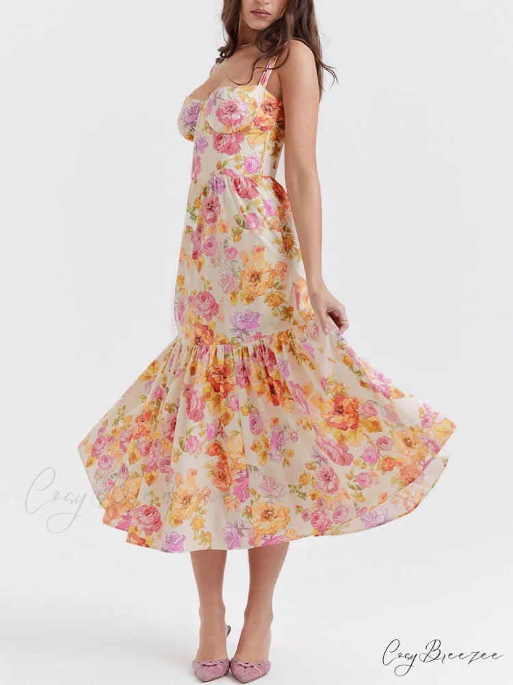 Strap A-Hem Stylish Floral Midi Dress