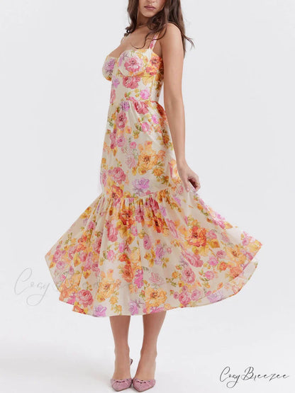 Strap A-Hem Stylish Floral Midi Dress
