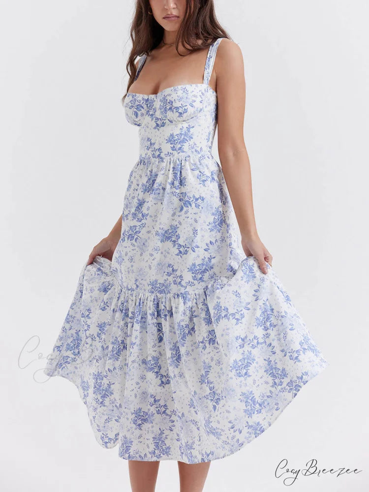 Strap A-Hem Stylish Floral Midi Dress