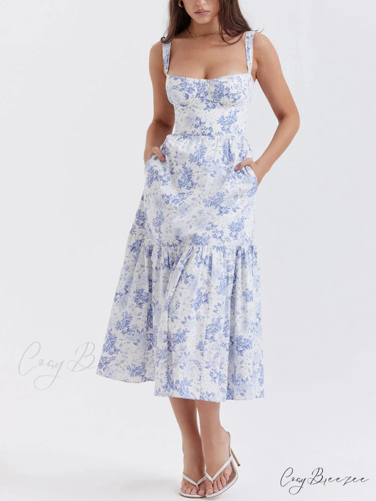 Strap A-Hem Stylish Floral Midi Dress Blue / S