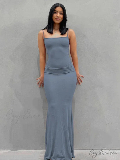 Strap Backless Long Casual Maxi Dress Blue / S