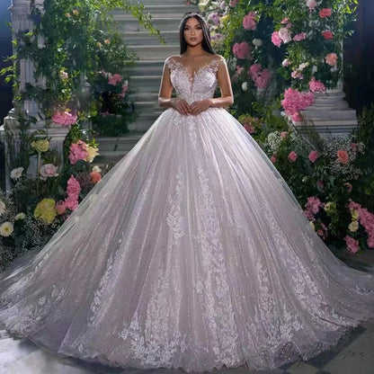 Strap-Free Lace Lengthy Train Bridal Gown Ivory white / 2 weddingdress-250223