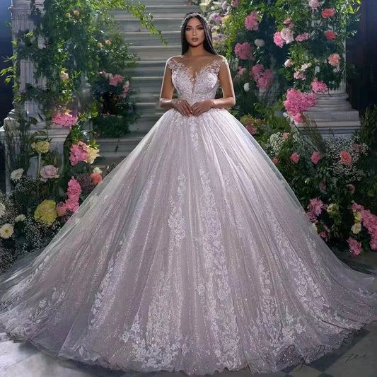 Strap-Free Lace Lengthy Train Bridal Gown Ivory white / 2 weddingdress-250223