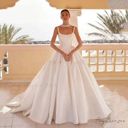 Strap-Free Satin Lengthy Train Bridal Dress Ivory white / 2 weddingdress-250223