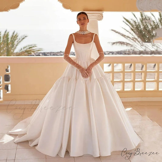 Strap-Free Satin Lengthy Train Bridal Dress Ivory white / 2 weddingdress-250223