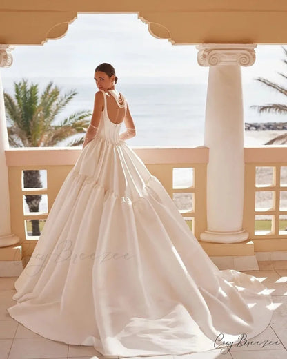 Strap-Free Satin Lengthy Train Bridal Dress White / 2 weddingdress-250223