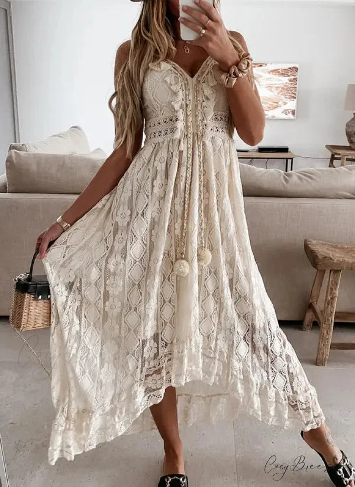 Strap Sleeveless Deep V-neck Lace Maxi White Boho Dress Beige / S bohodress-250126