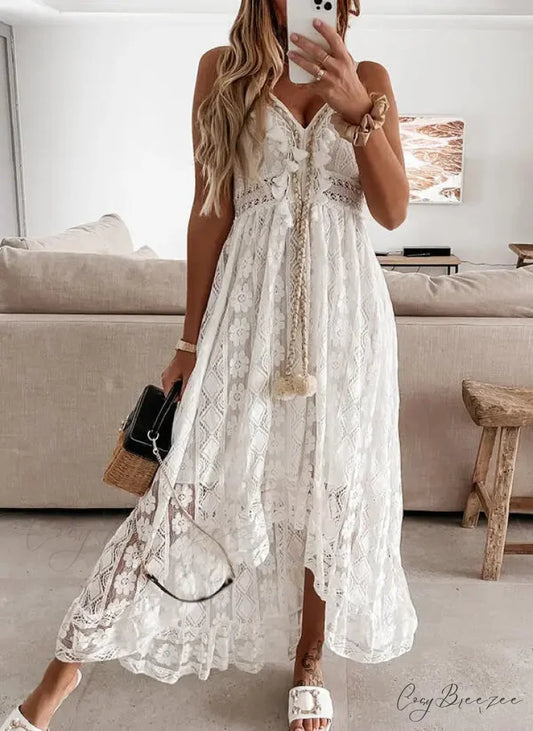 Strap Sleeveless Deep V-neck Lace Maxi White Boho Dress White / S bohodress-250126