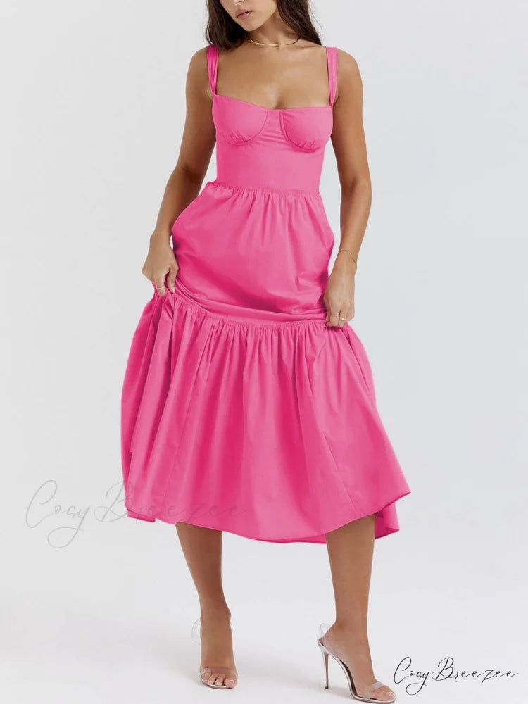 Strap Solid Color Charming A-Hem Midi Dress