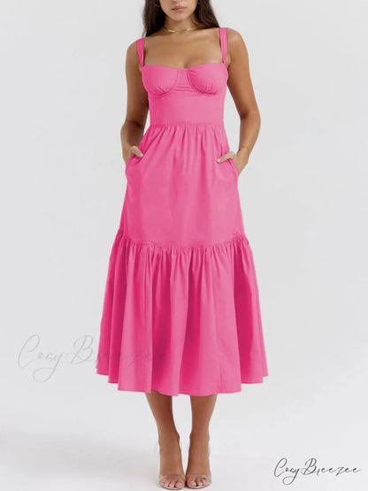 Strap Solid Color Charming A-Hem Midi Dress