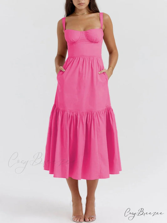 Strap Solid Color Charming A-Hem Midi Dress