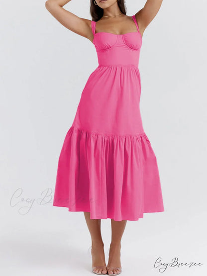 Strap Solid Color Charming A-Hem Midi Dress