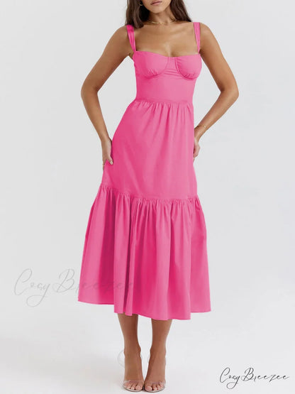 Strap Solid Color Charming A-Hem Midi Dress