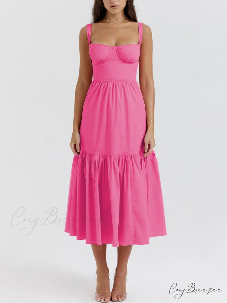 Strap Solid Color Charming A-Hem Midi Dress
