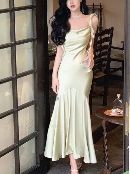 Strap Vintage Gown - Party Elegant Satin Midi Korean - Casual Gown Fashion Light Green / S