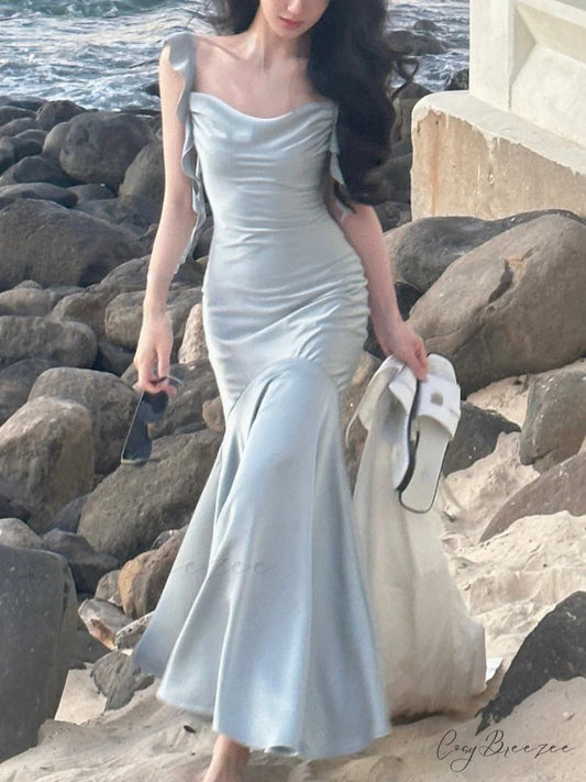 Strap Vintage Gown - Party Elegant Satin Midi Korean - Casual Gown Fashion Sky Blue / S