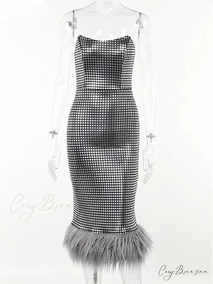 Strapless Backless Evening Party Club Elegant Faux Fur Slim Midi Dress
