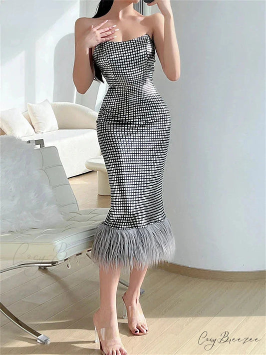 Strapless Backless Evening Party Club Elegant Faux Fur Slim Midi Dress GRAY / S