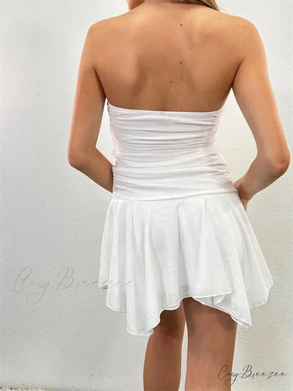 Strapless Backless Irregular Hem Pleated Solid Mini Dress