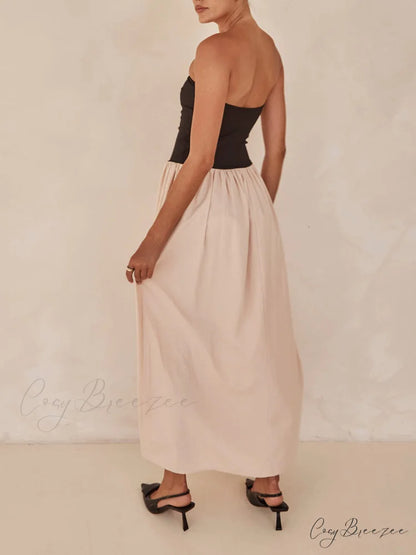 Strapless Black And Charming Sand Paneled Maxi Dress