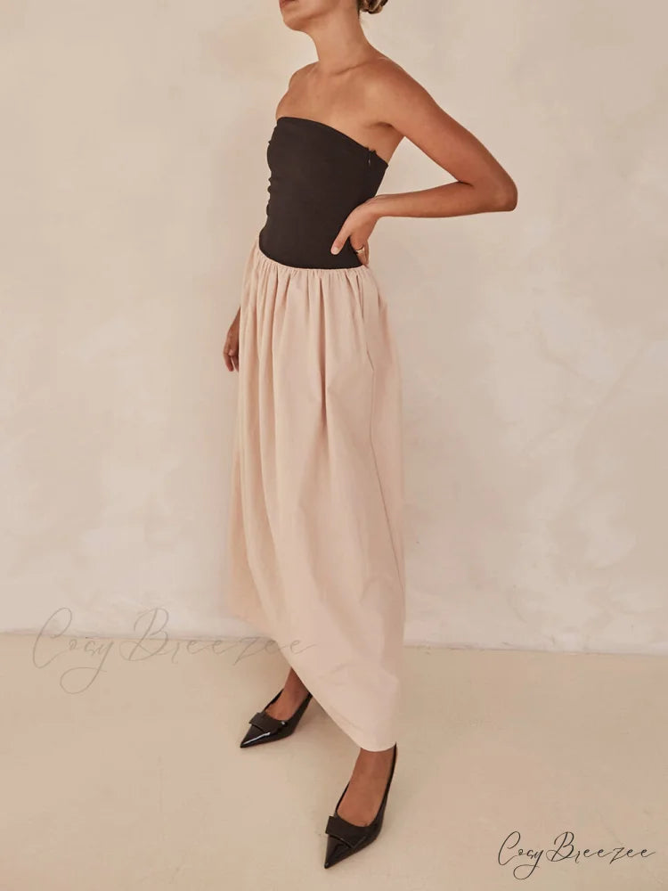 Strapless Black And Charming Sand Paneled Maxi Dress