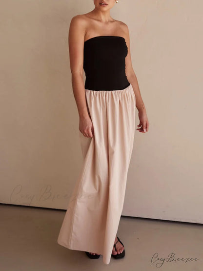 Strapless Black And Charming Sand Paneled Maxi Dress