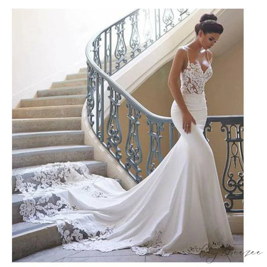 Strapless Deep V-Neck Lengthy Train Bridal Dress lvorywhite / 2 weddingdress-250223