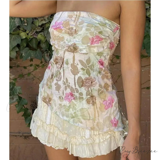 Strapless Flower Print Crop Top white / S croptop-250223