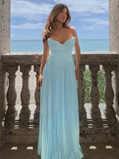 Strapless Graceful A-line Holiday Dress Blue / S vacationdress-250223