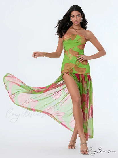 Strapless High Slit Mesh Hem Floral Dress floraldress-250126
