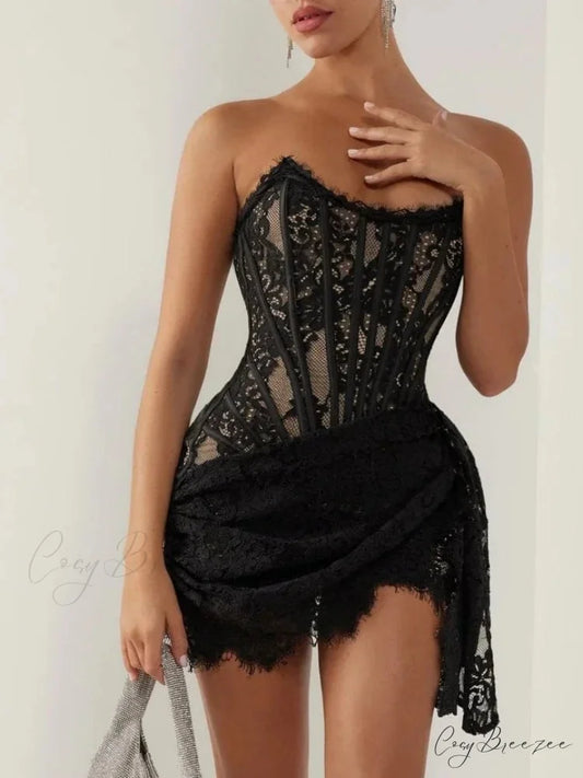 Strapless Lace Corset Mini Dress - Sleeveless Bodycon Christmas Party Dress BLACK / XS