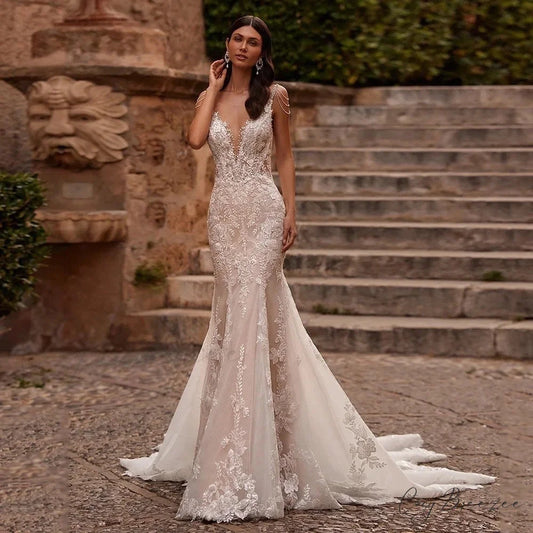 Strapless Lace Mermaid Evening Wedding Dress white / 2 weddingdress-250223