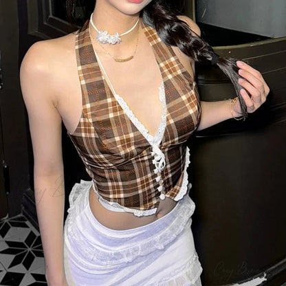 Strapless Lace Mesh Playful Korean Aesthetic Tank Brown / S croptop-250126