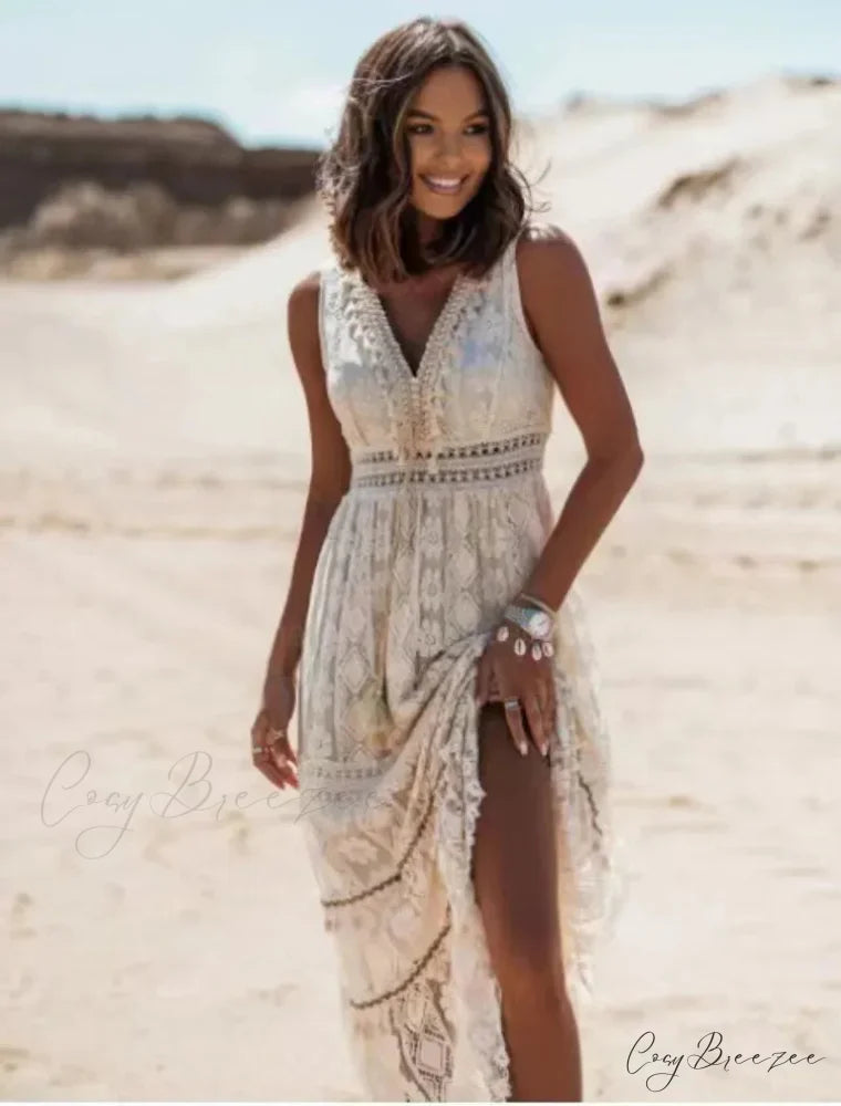Strapless Lace Up Splicing Summer Maxi Boho Dress bohodress-250126