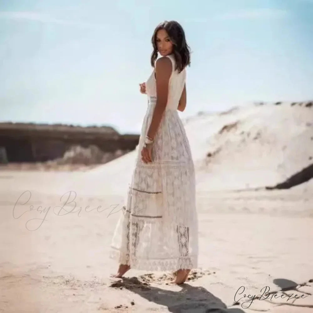 Strapless Lace Up Splicing Summer Maxi Boho Dress bohodress-250126