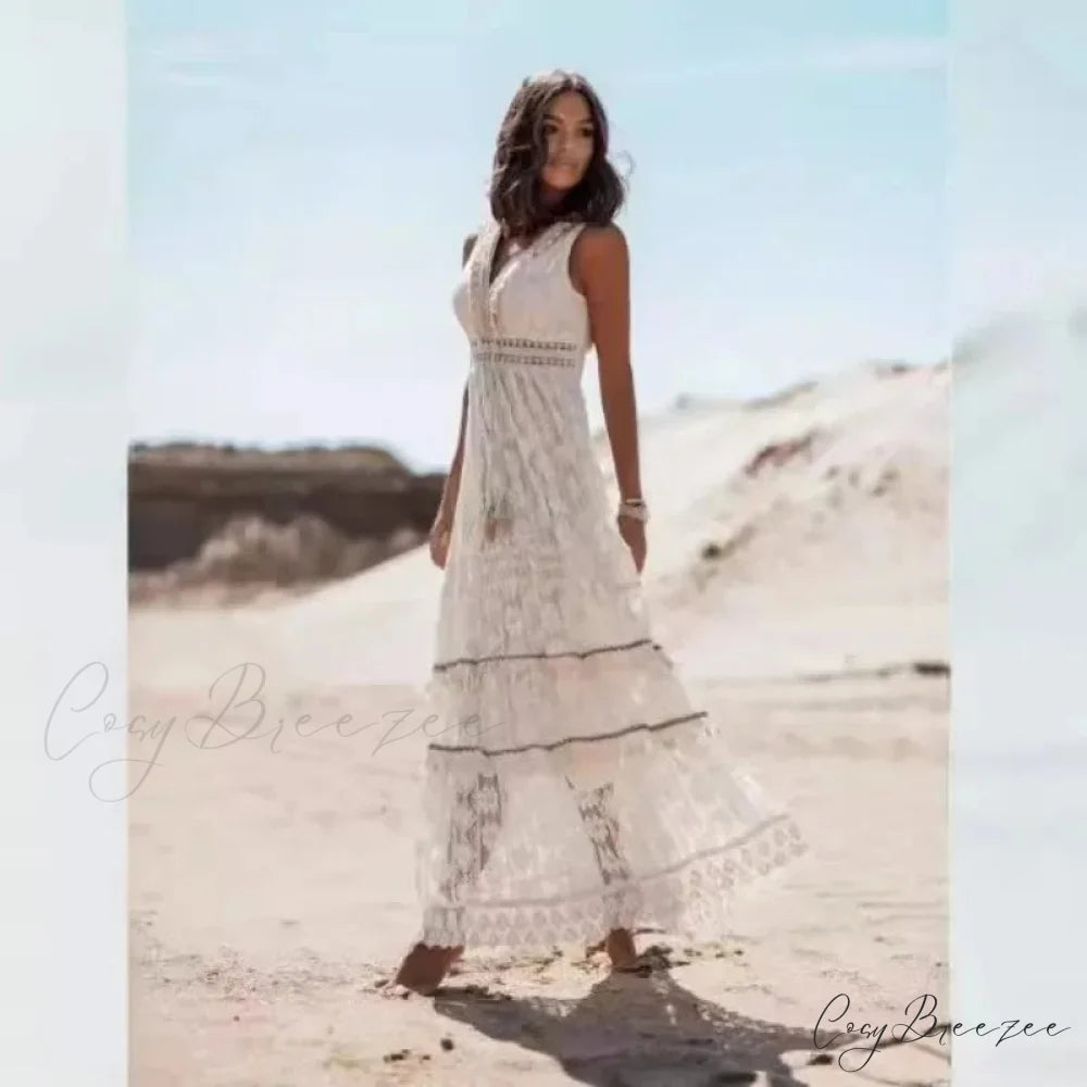 Strapless Lace Up Splicing Summer Maxi Boho Dress bohodress-250126