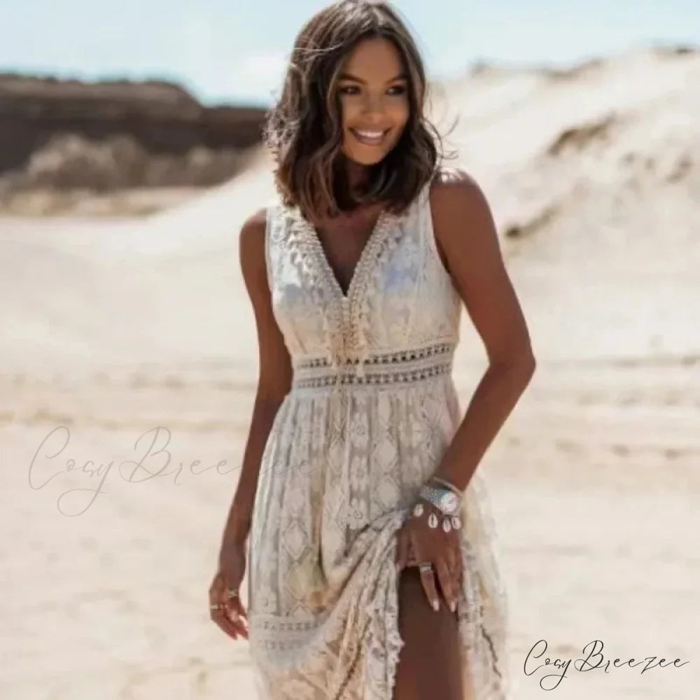 Strapless Lace Up Splicing Summer Maxi Boho Dress bohodress-250126