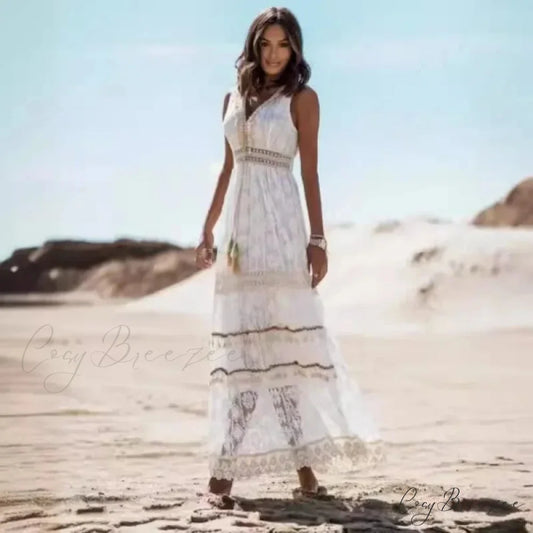 Strapless Lace Up Splicing Summer Maxi Boho Dress bohodress-250126