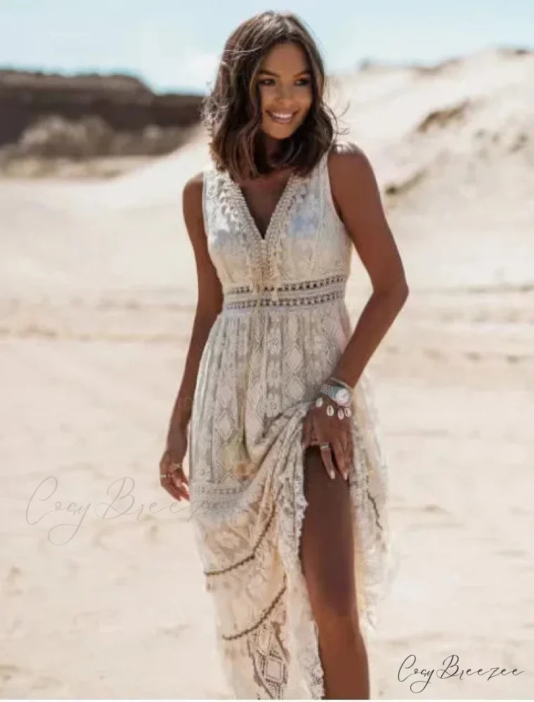 Strapless Lace Up Splicing Summer Maxi Boho Dress WHITE / S bohodress-250126