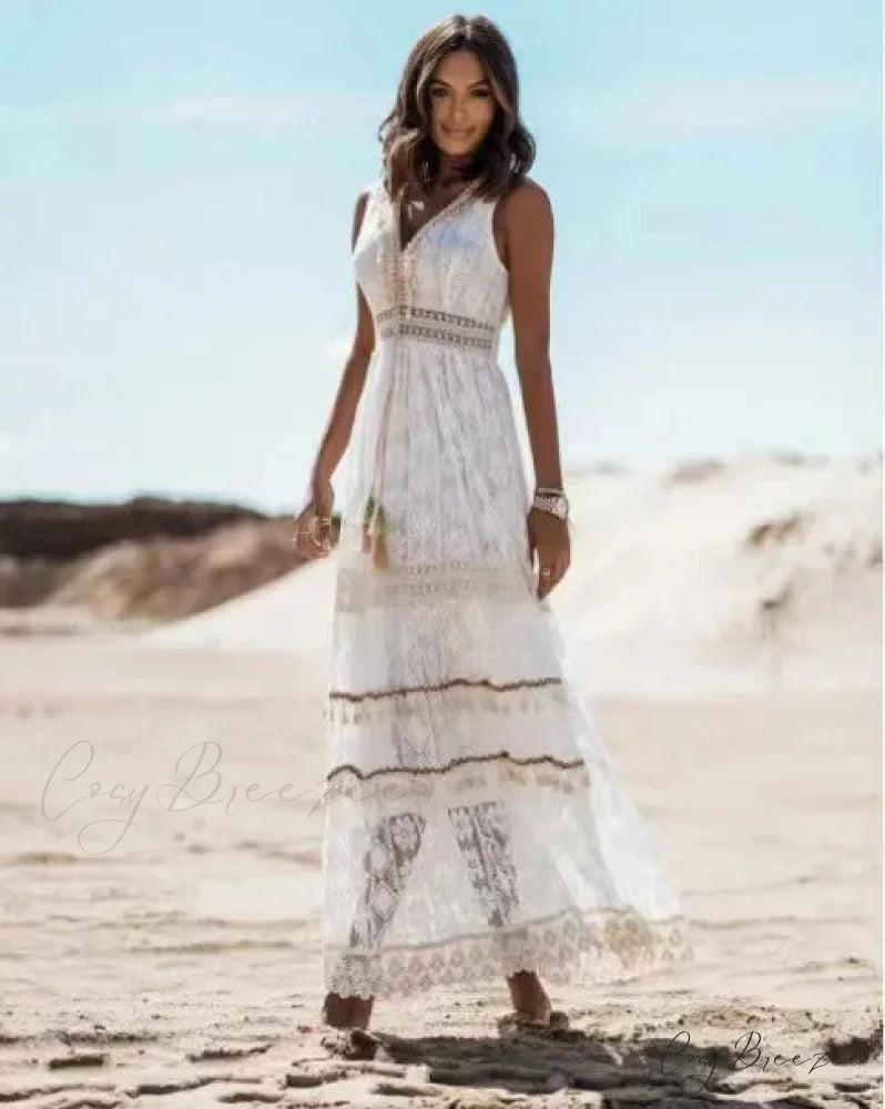 Strapless Lace Up Splicing Summer Maxi Boho Dress White / S bohodress-250126