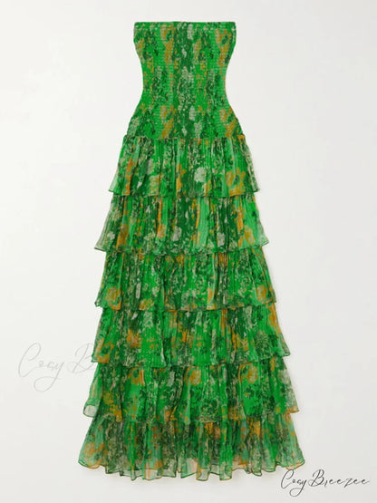 Strapless Layered Bandeau Charming Floral Print Maxi Dress