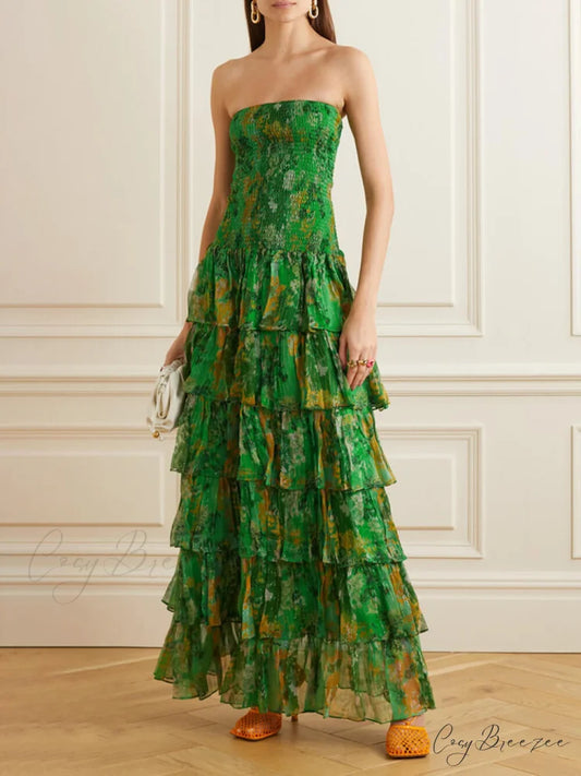 Strapless Layered Bandeau Charming Floral Print Maxi Dress Green / S