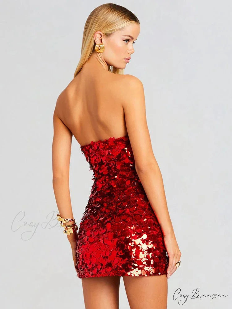 Strapless Mini Sequin Party Dress Red / S