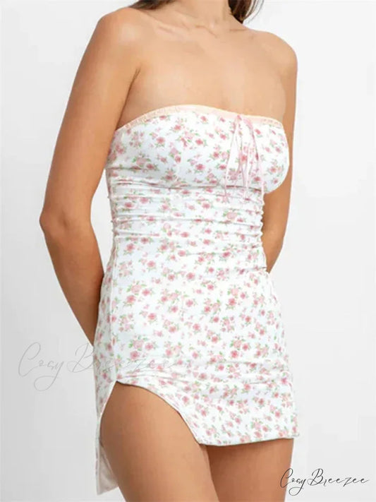 Strapless Off Shoulder Fairy Floral Print Backless Mini Dress WHITE / S
